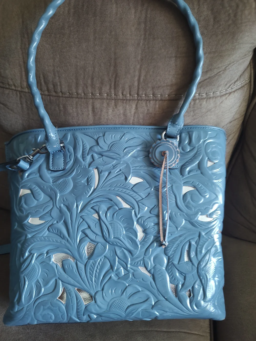 Patricia Nash Sky Blue Embossed Floral Shoulder Tote